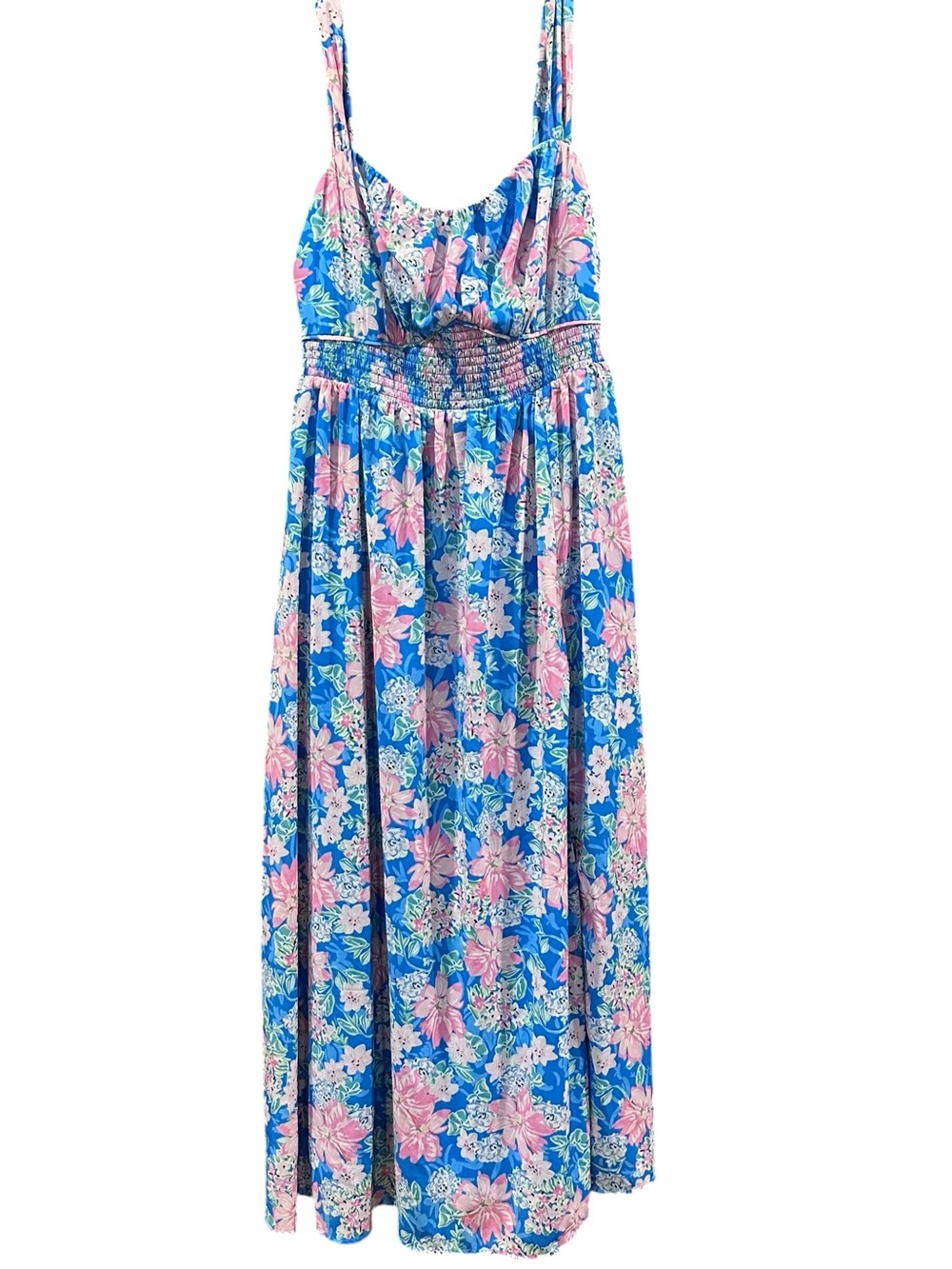 Grace Karin Blue Pink Floral Smocked Maxi Dress Sleeveless Lined Women’s XL